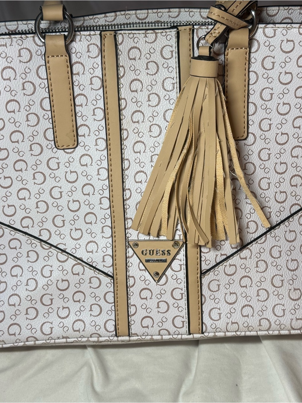 GUESS Beige Logo Tote with Tassel Accent